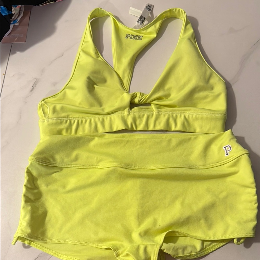 Victoria secret pink Pink Neon Yellow Sports Bra and Shorts Set